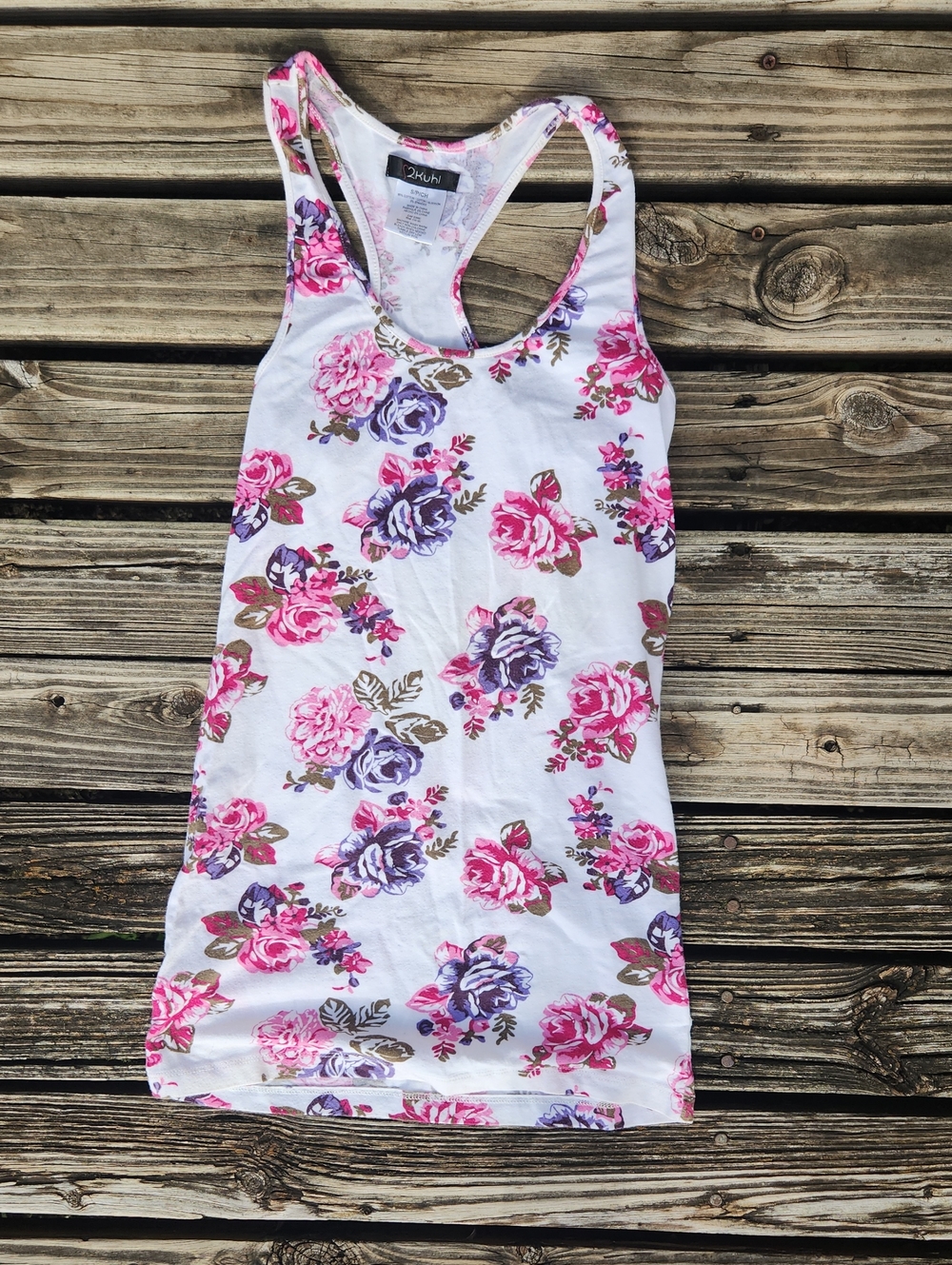 White Pink Purple Floral Stretchy Tank Racerback 2Kuhl Small Spring Casual